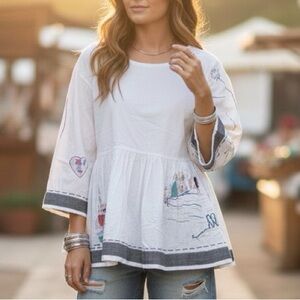 Holding Horses White Cotton Blouse with Colorful Embroidery Boho Hippie